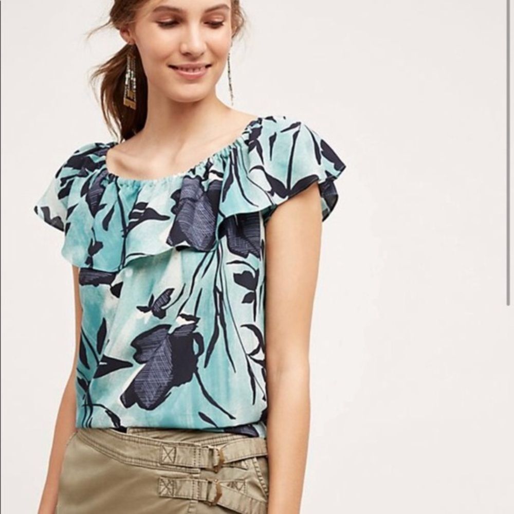 Anthropologie Maeve Islander Blue Short Off Shoulder Top Tropical Sz M